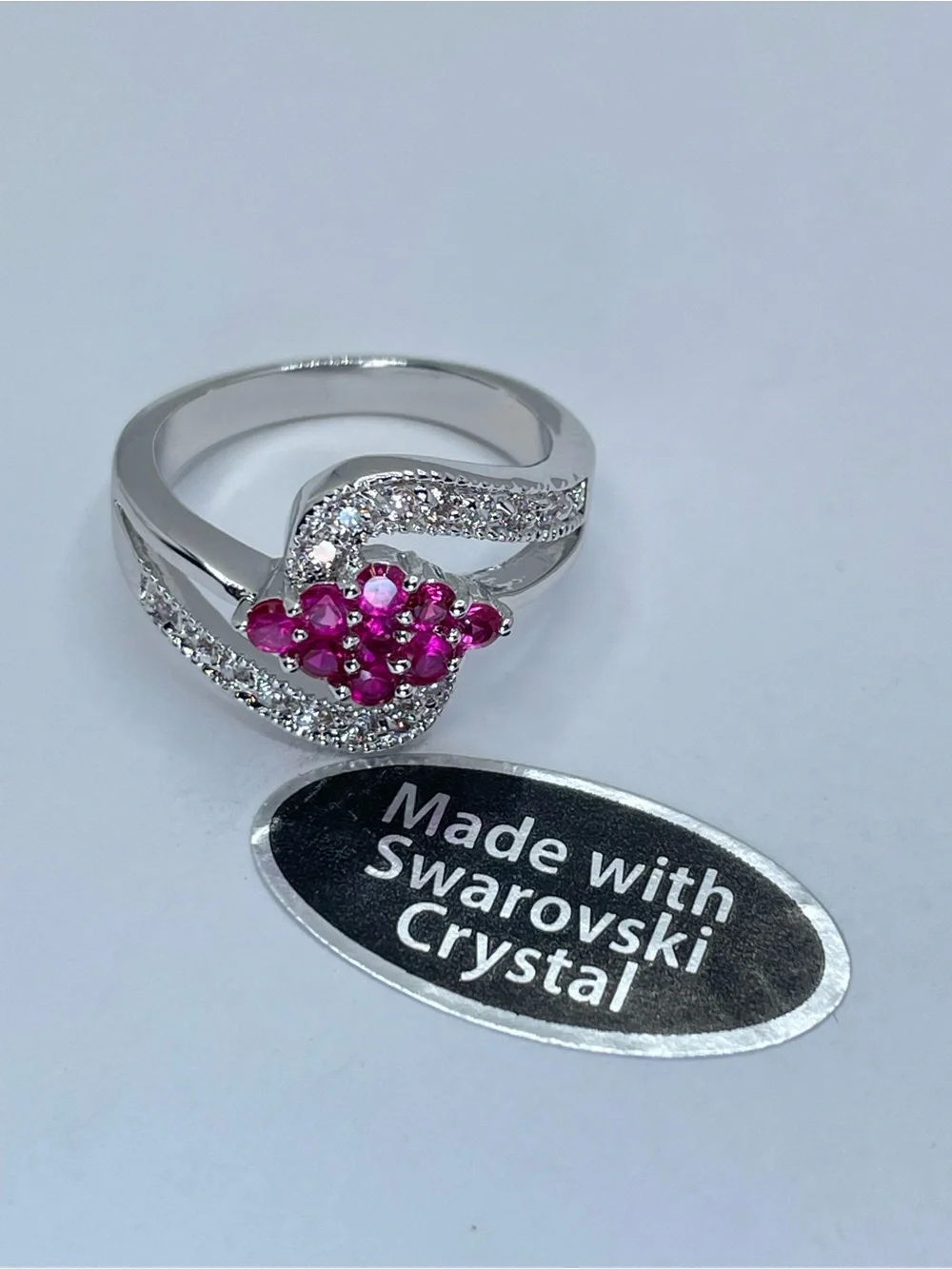 Swarovski Ruby Pink Diamond White Crystal Elements Ring CZ Halo Silver Sz 7